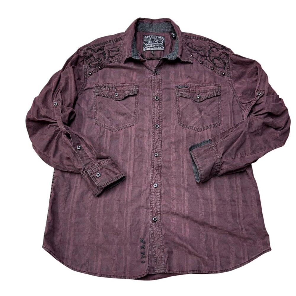 VTG Affliction Shirt Men XL GI Roll Tab Sleeve Red Embroidered Grunge Punk‎ Y2K